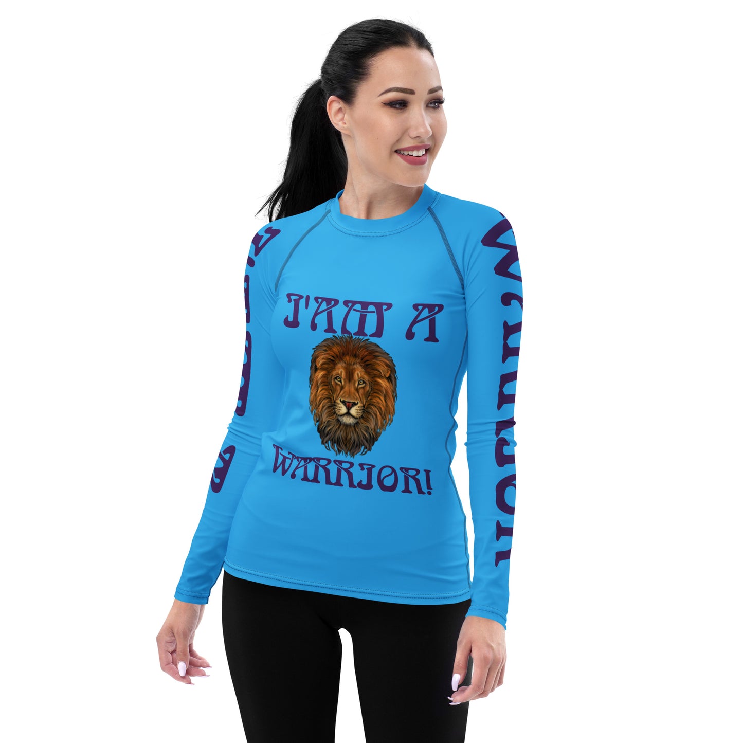 “I’AM A WARRIOR!” SkyBlue Women's Rash Guard W/Purple Font