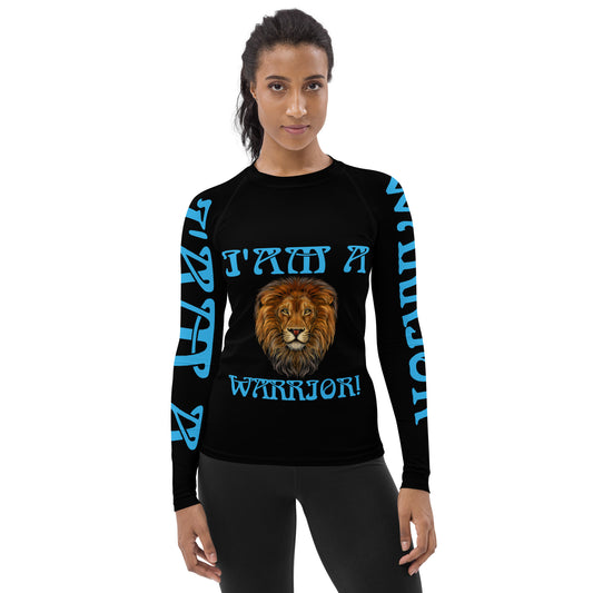 “I’AM A WARRIOR!” Black Women's Rash Guard W/SkyBlue Font