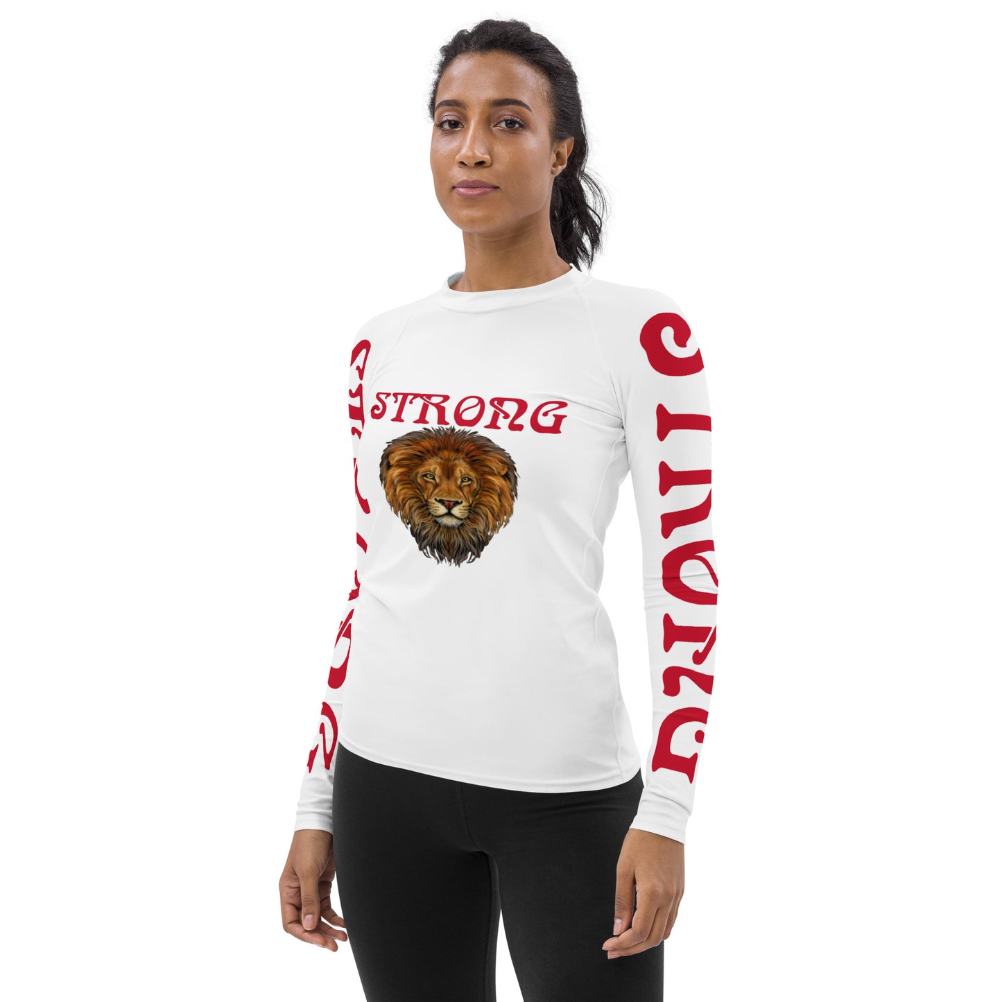 “STRONG” White Women's Rash Guard W/Red Font