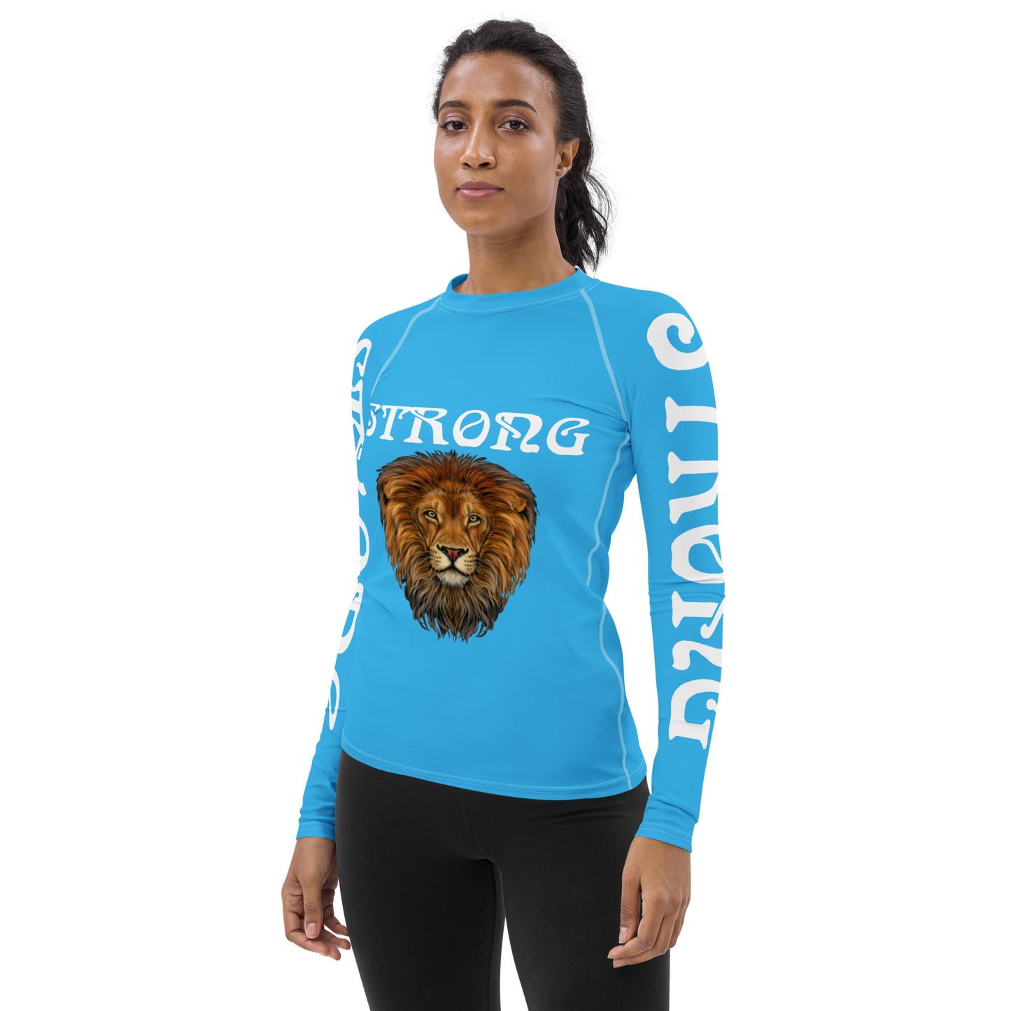 “STRONG” SkyBlue Women's Rash Guard W/White Font