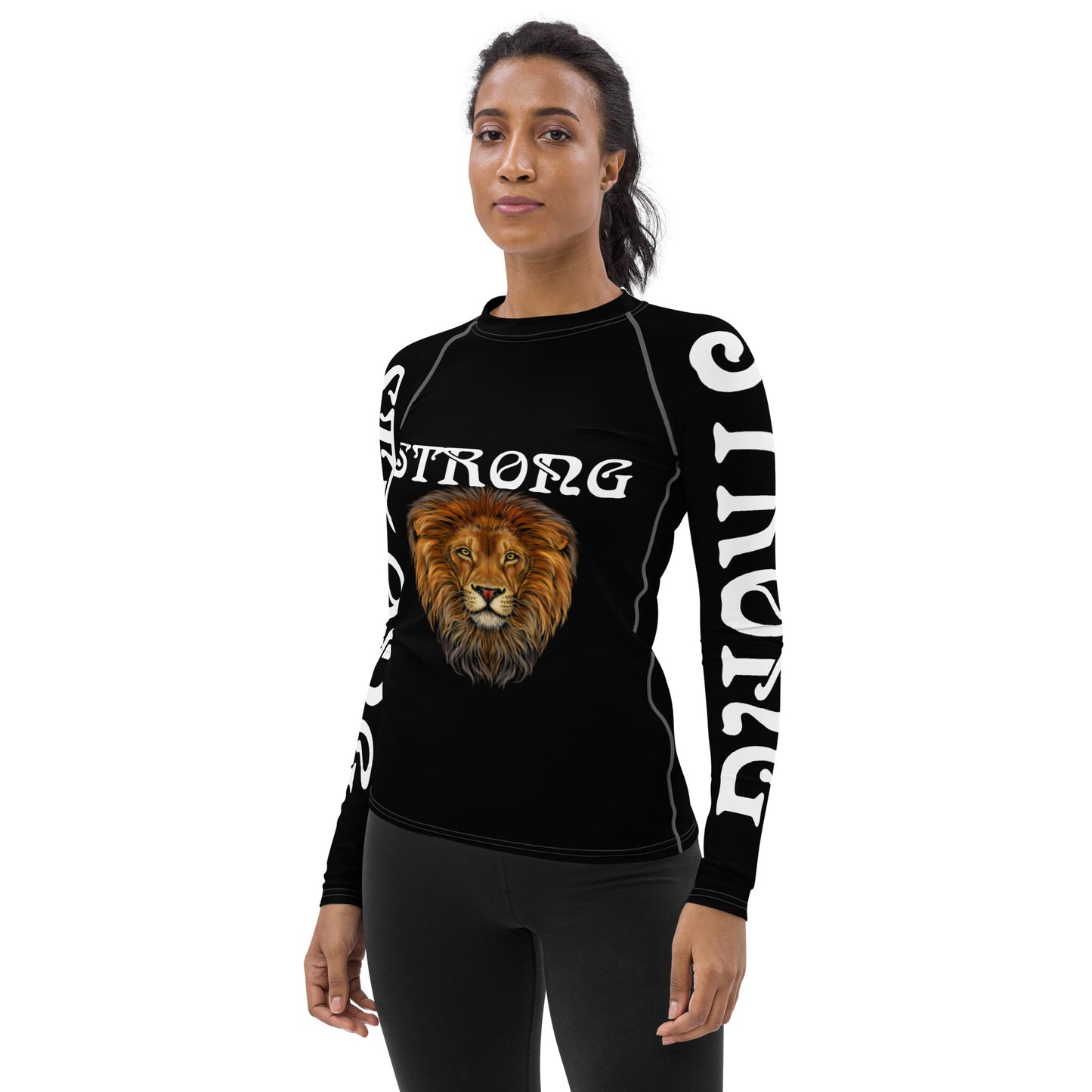 “STRONG” Black Women's Rash Guard W/White Font