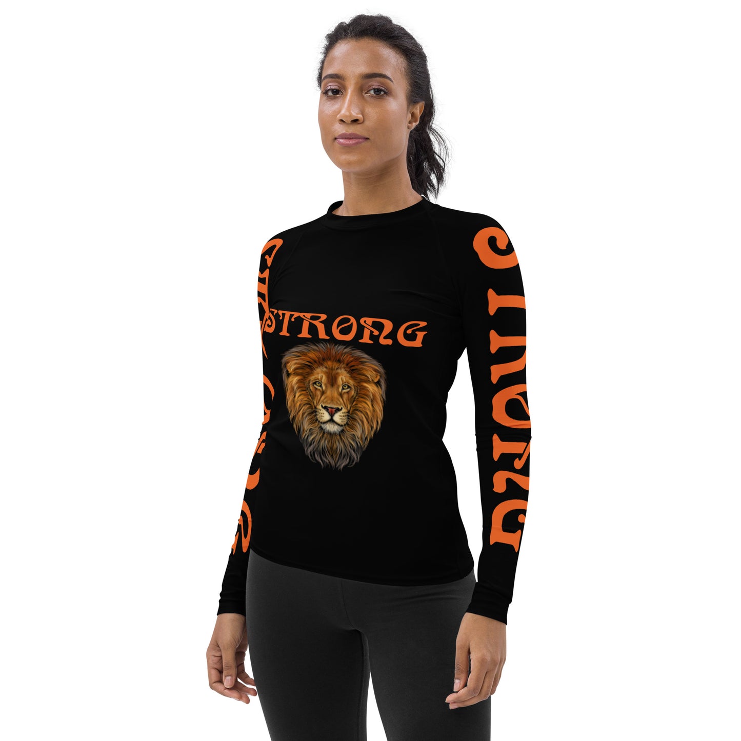 “STRONG”Black Women's Rash Guard W/Orange Font