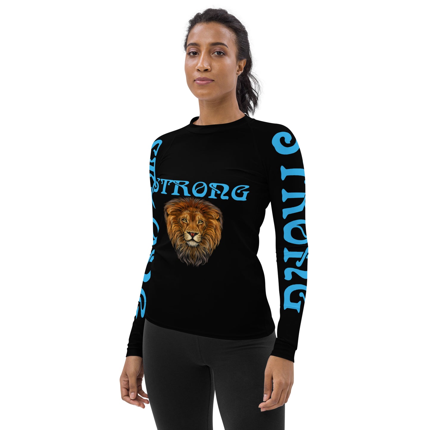 “STRONG” Black Women's Rash Guard W/SkyBlue Font