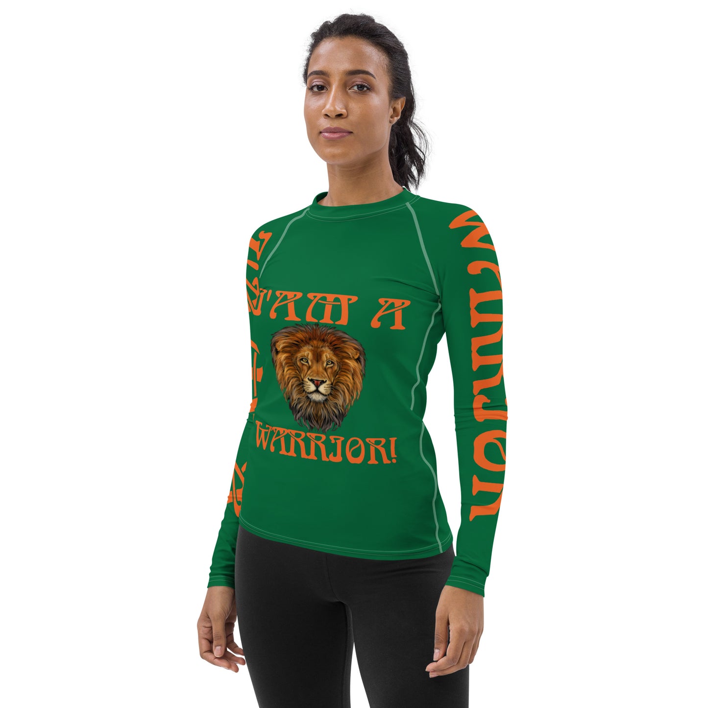 “I’AM A WARRIOR!” Green Women's Rash Guard W/Orange Font