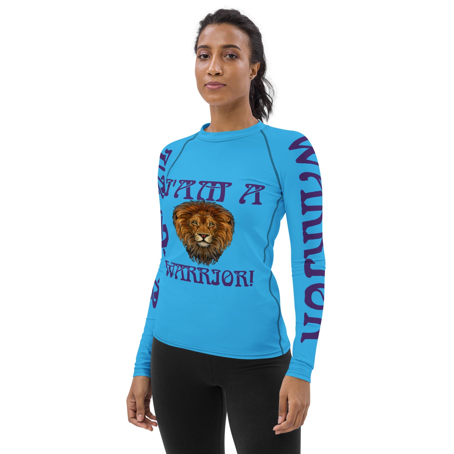 “I’AM A WARRIOR!” SkyBlue Women's Rash Guard W/Purple Font