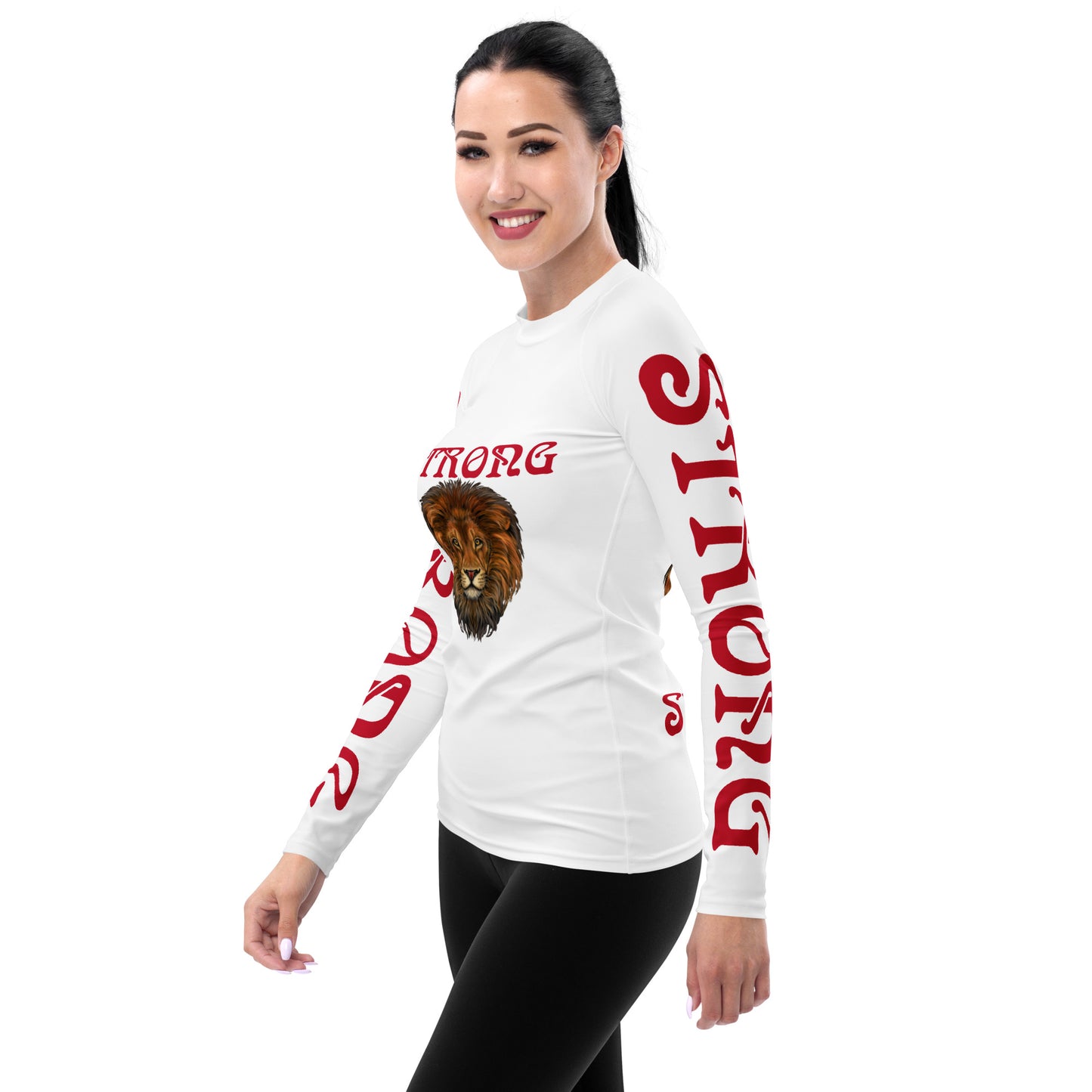 “STRONG” White Women's Rash Guard W/Red Font