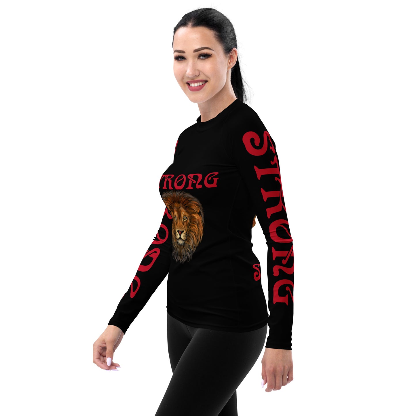 “STRONG”Black Women's Rash Guard W/Red Font