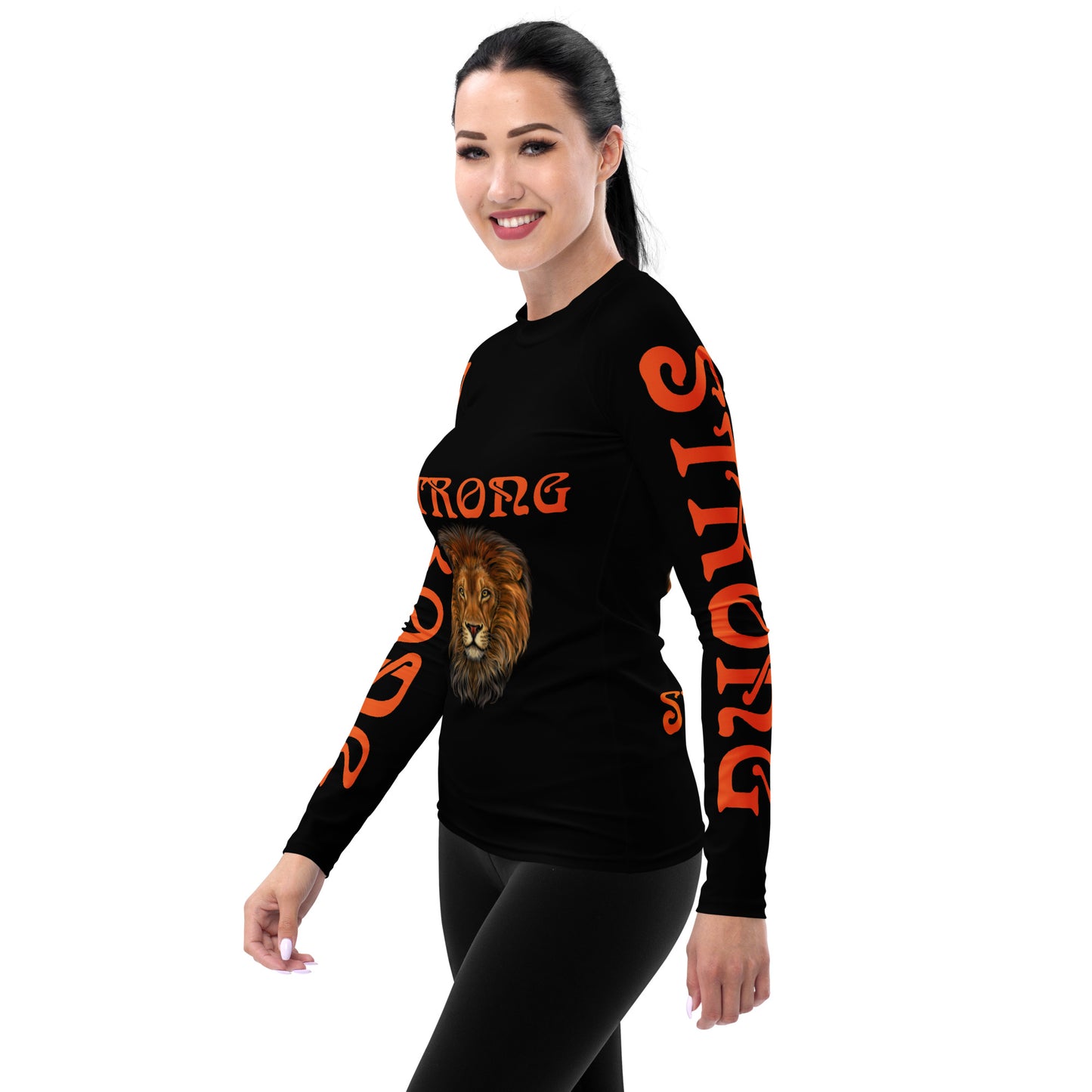 “STRONG”Black Women's Rash Guard W/Orange Font