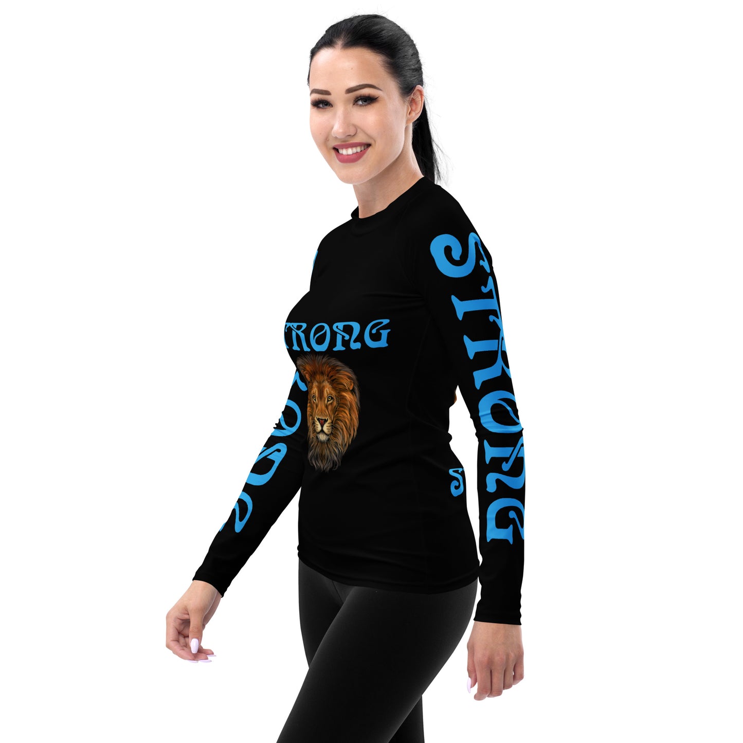 “STRONG” Black Women's Rash Guard W/SkyBlue Font