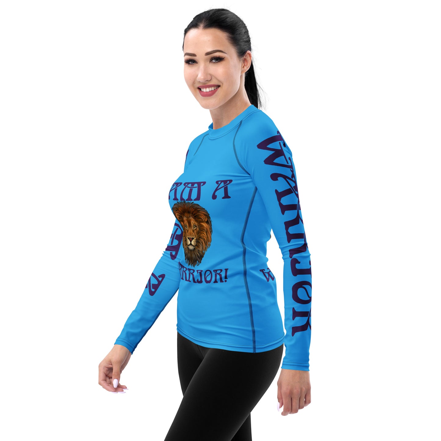 “I’AM A WARRIOR!” SkyBlue Women's Rash Guard W/Purple Font