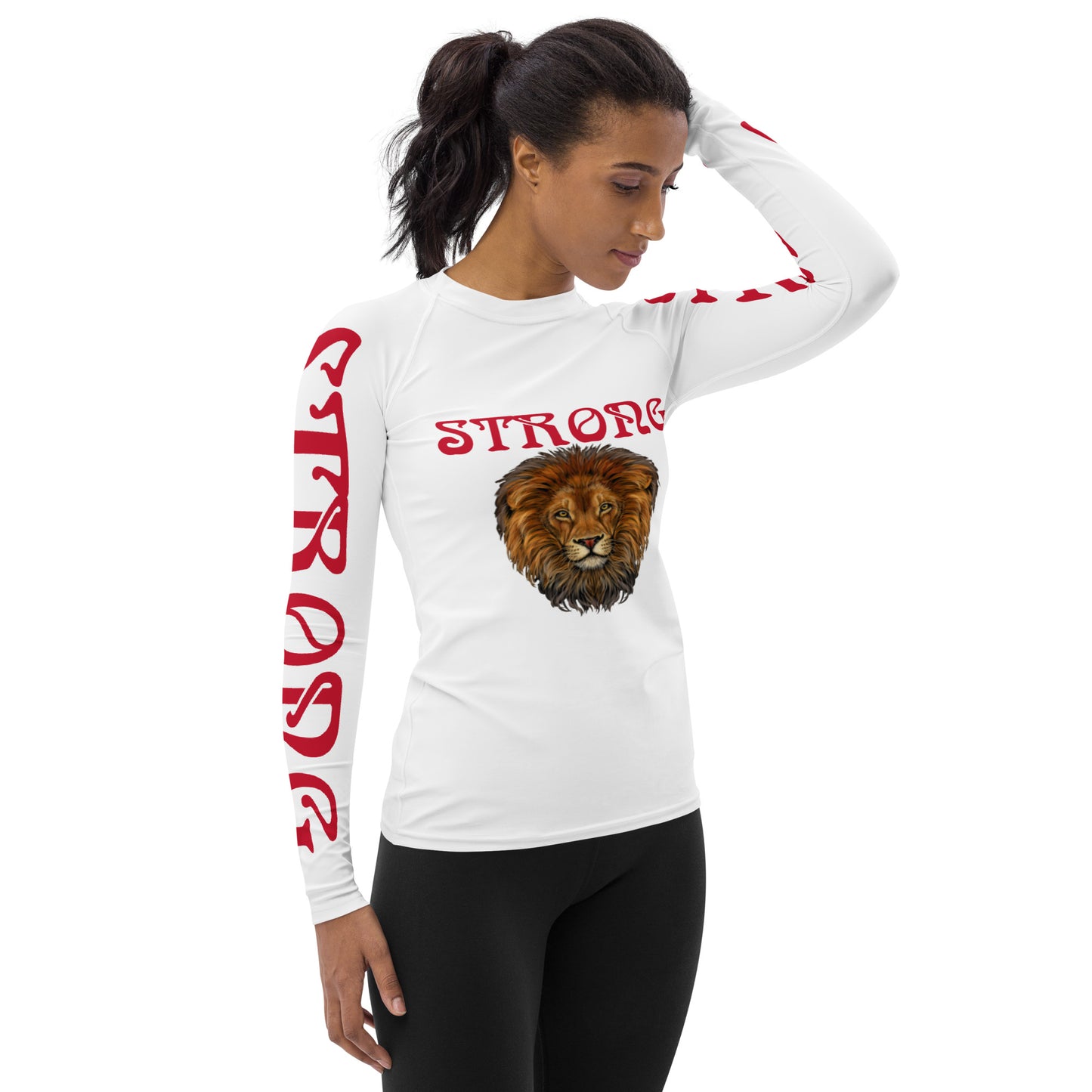 “STRONG” White Women's Rash Guard W/Red Font