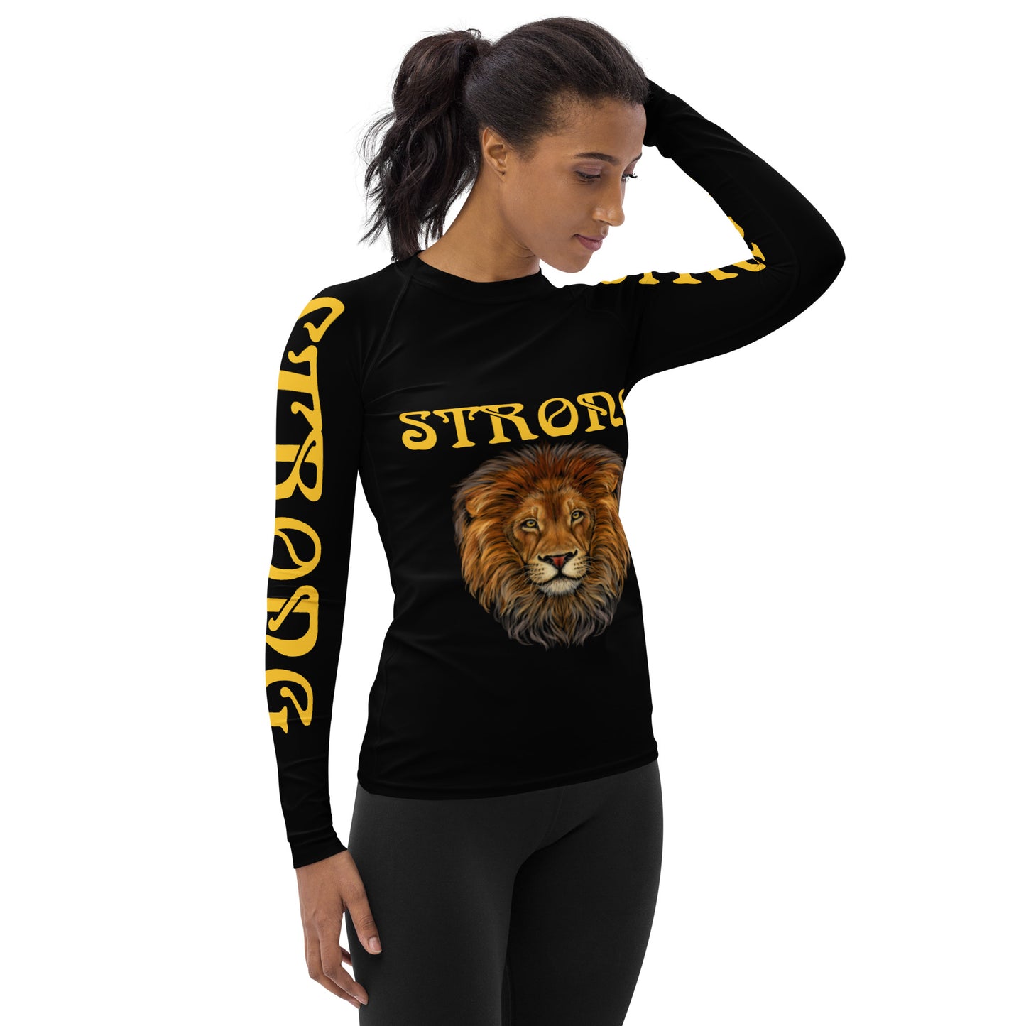 “STRONG”Black Women's Rash Guard W/Yellow Font