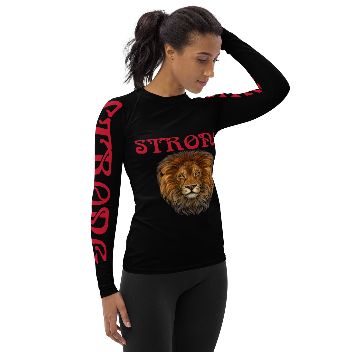 “STRONG”Black Women's Rash Guard W/Red Font