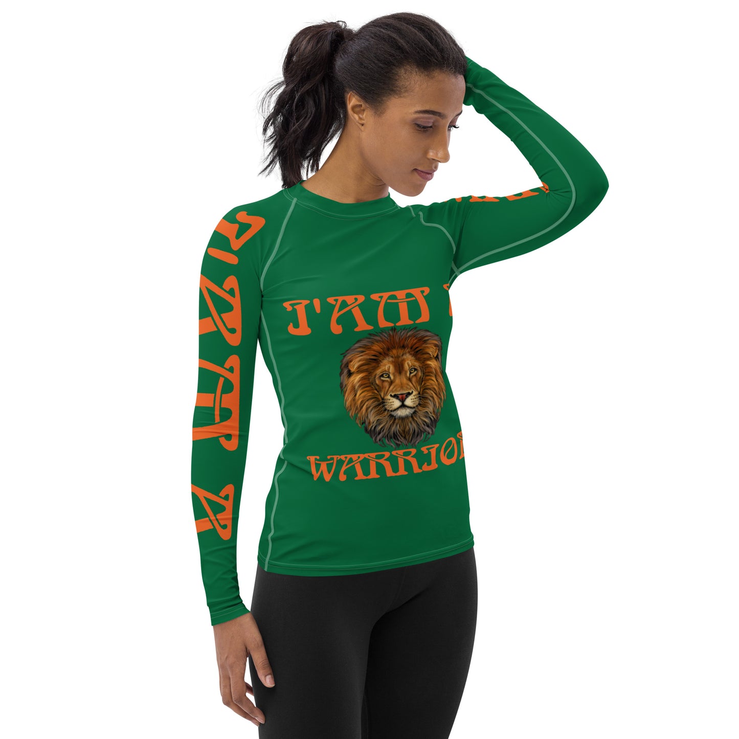 “I’AM A WARRIOR!” Green Women's Rash Guard W/Orange Font