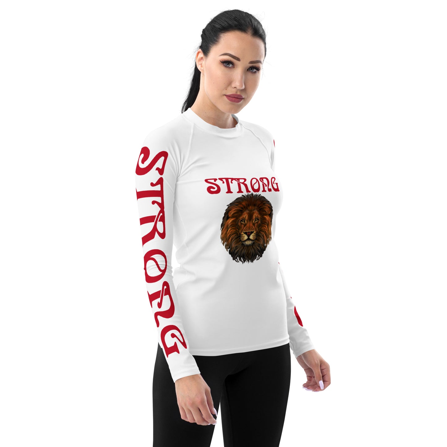 “STRONG” White Women's Rash Guard W/Red Font