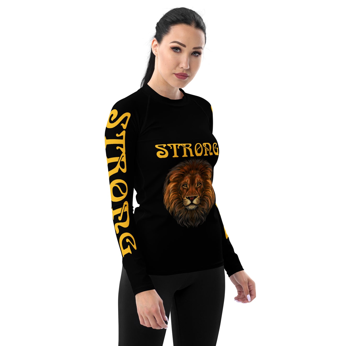 “STRONG”Black Women's Rash Guard W/Yellow Font