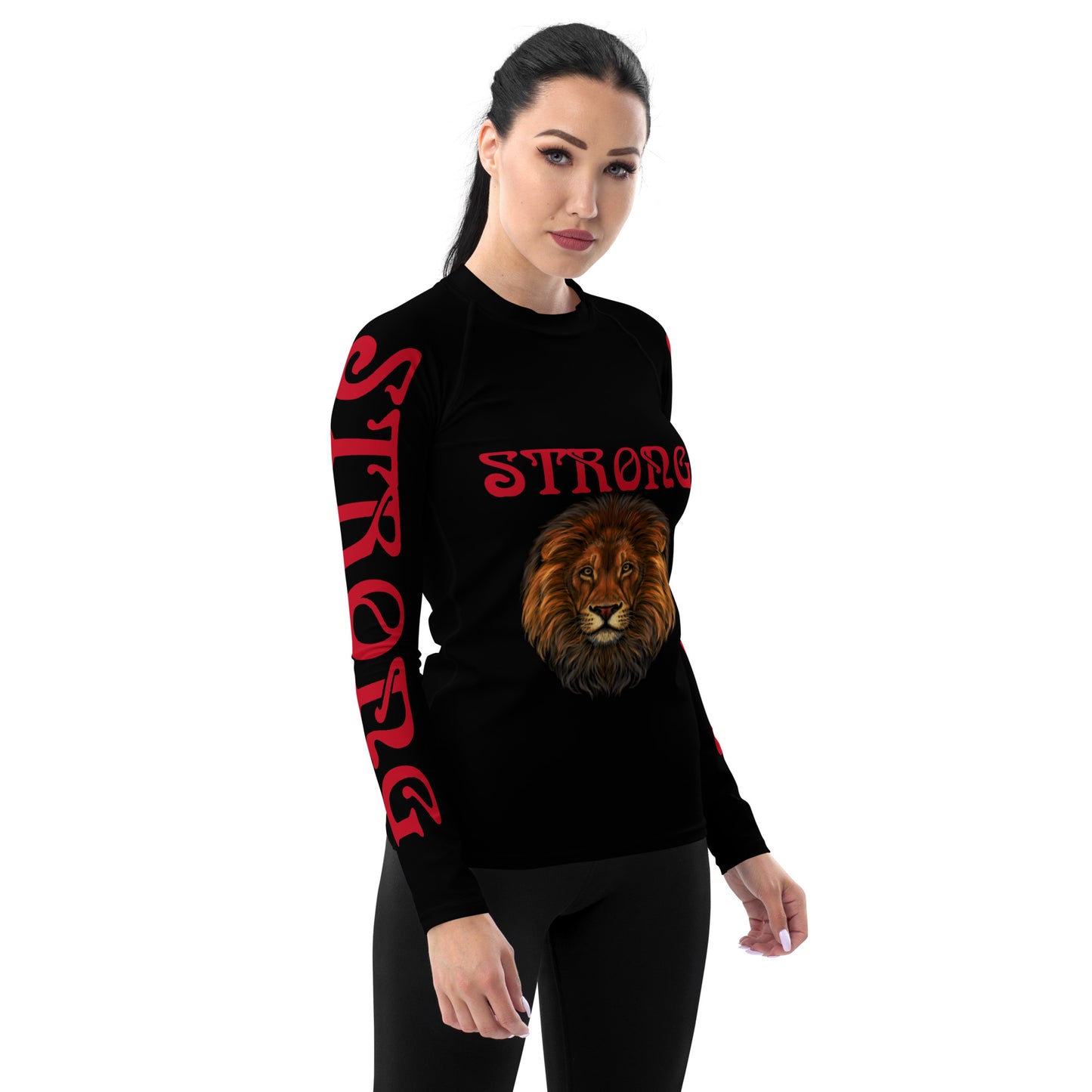 “STRONG”Black Women's Rash Guard W/Red Font