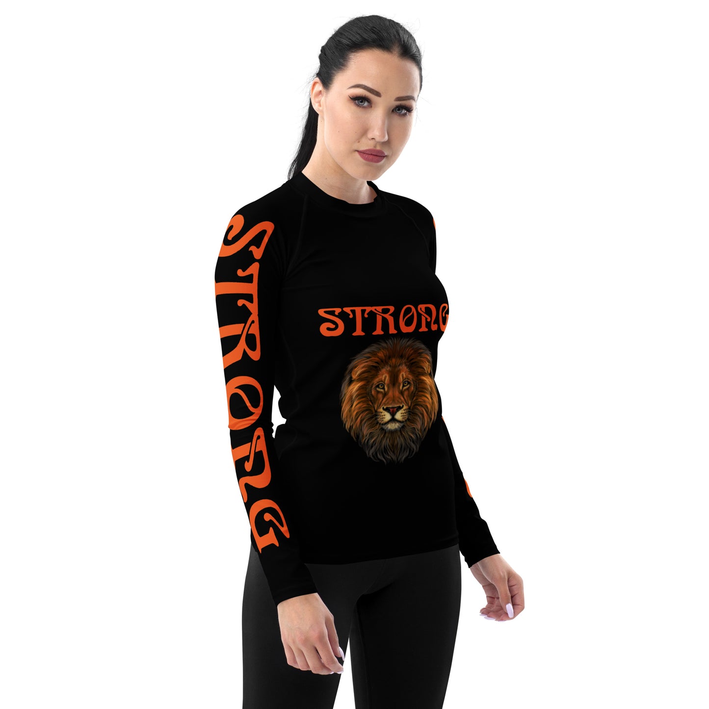 “STRONG”Black Women's Rash Guard W/Orange Font