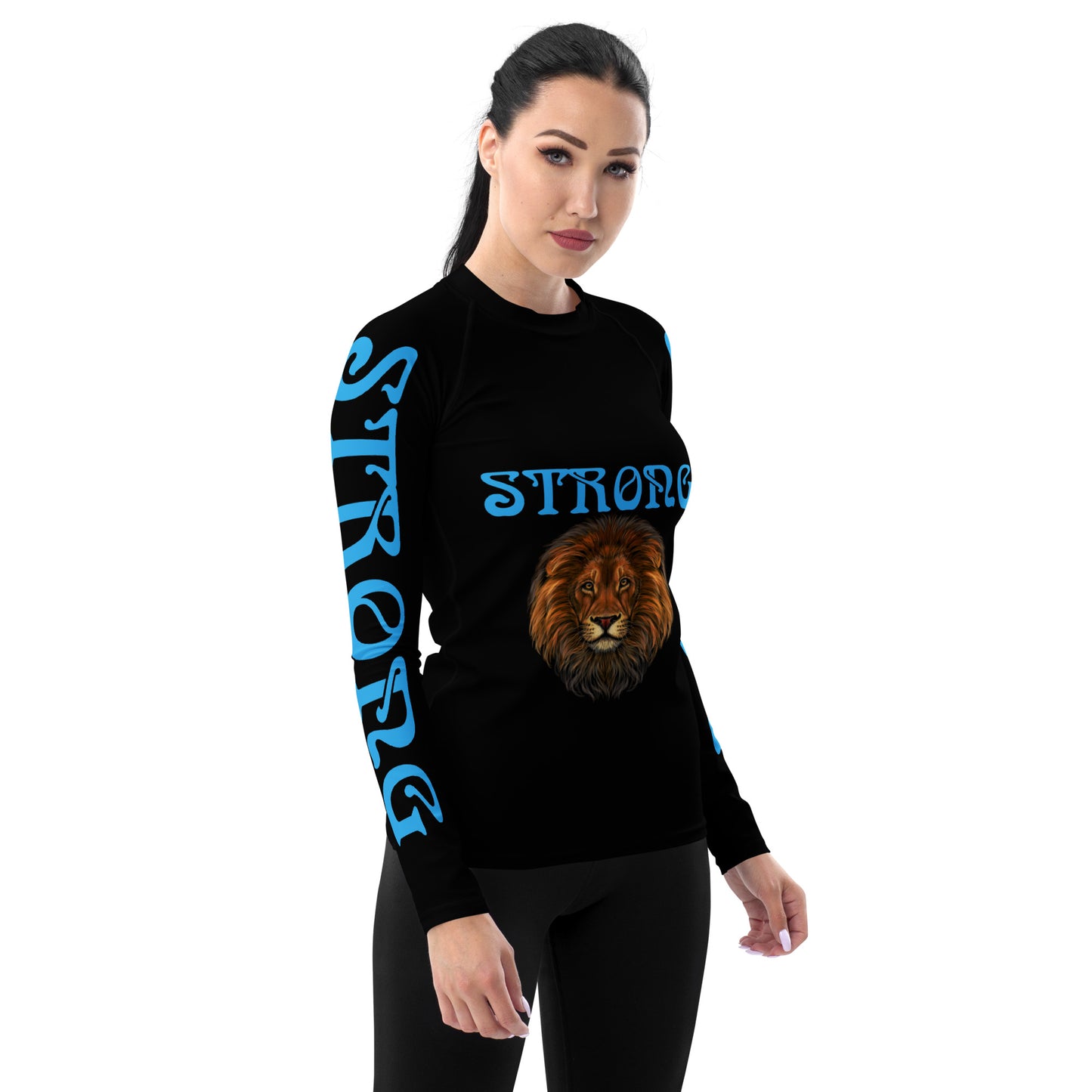 “STRONG” Black Women's Rash Guard W/SkyBlue Font