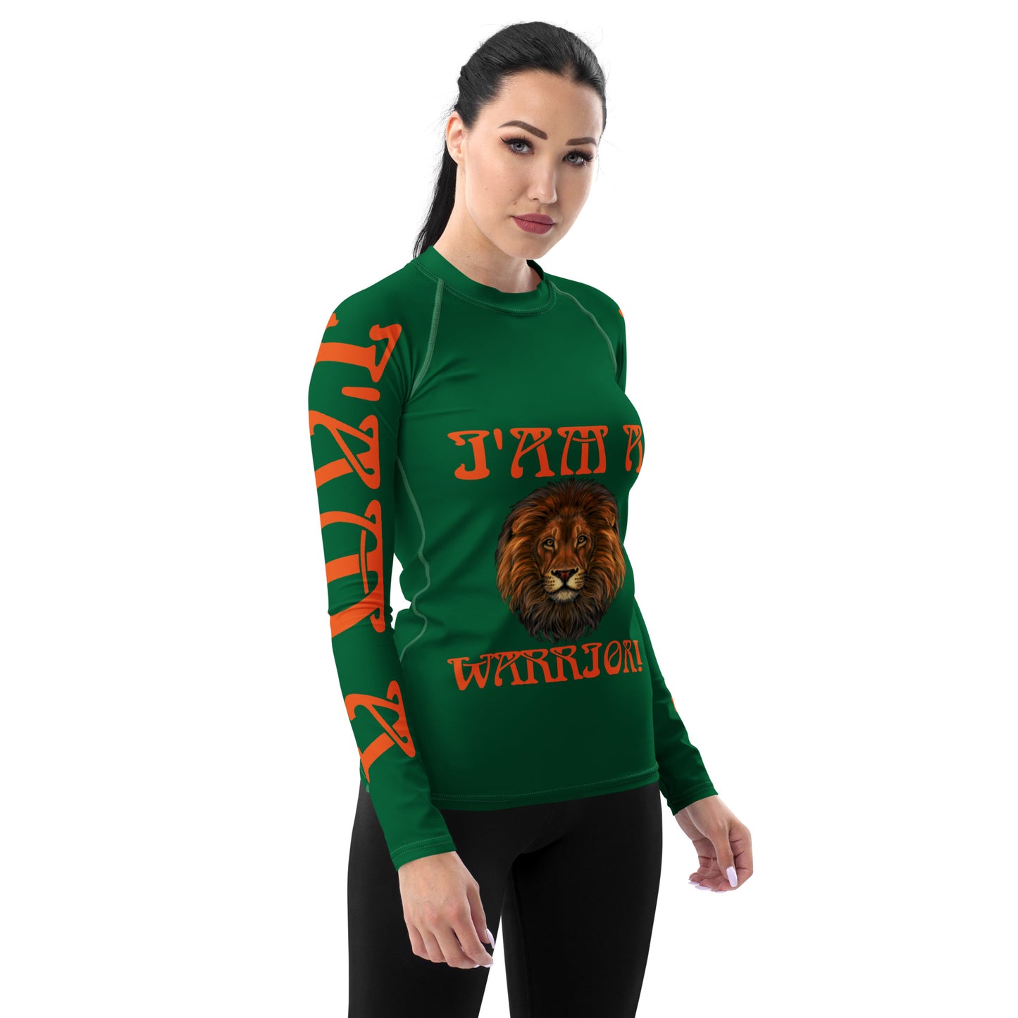 “I’AM A WARRIOR!” Green Women's Rash Guard W/Orange Font