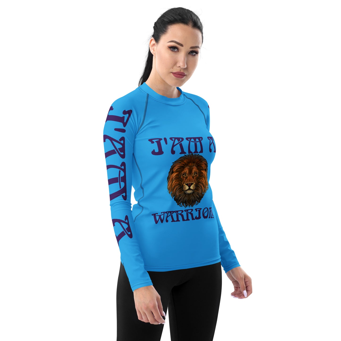 “I’AM A WARRIOR!” SkyBlue Women's Rash Guard W/Purple Font