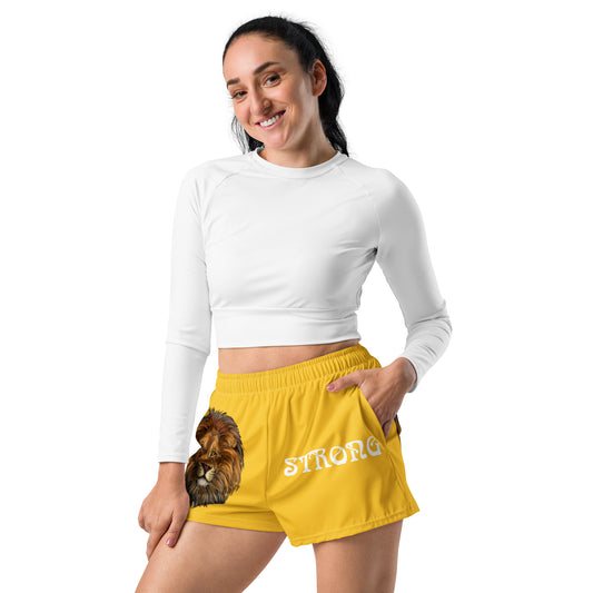 “STRONG”Yellow Women’s Recycled Athletic Shorts W\White Font