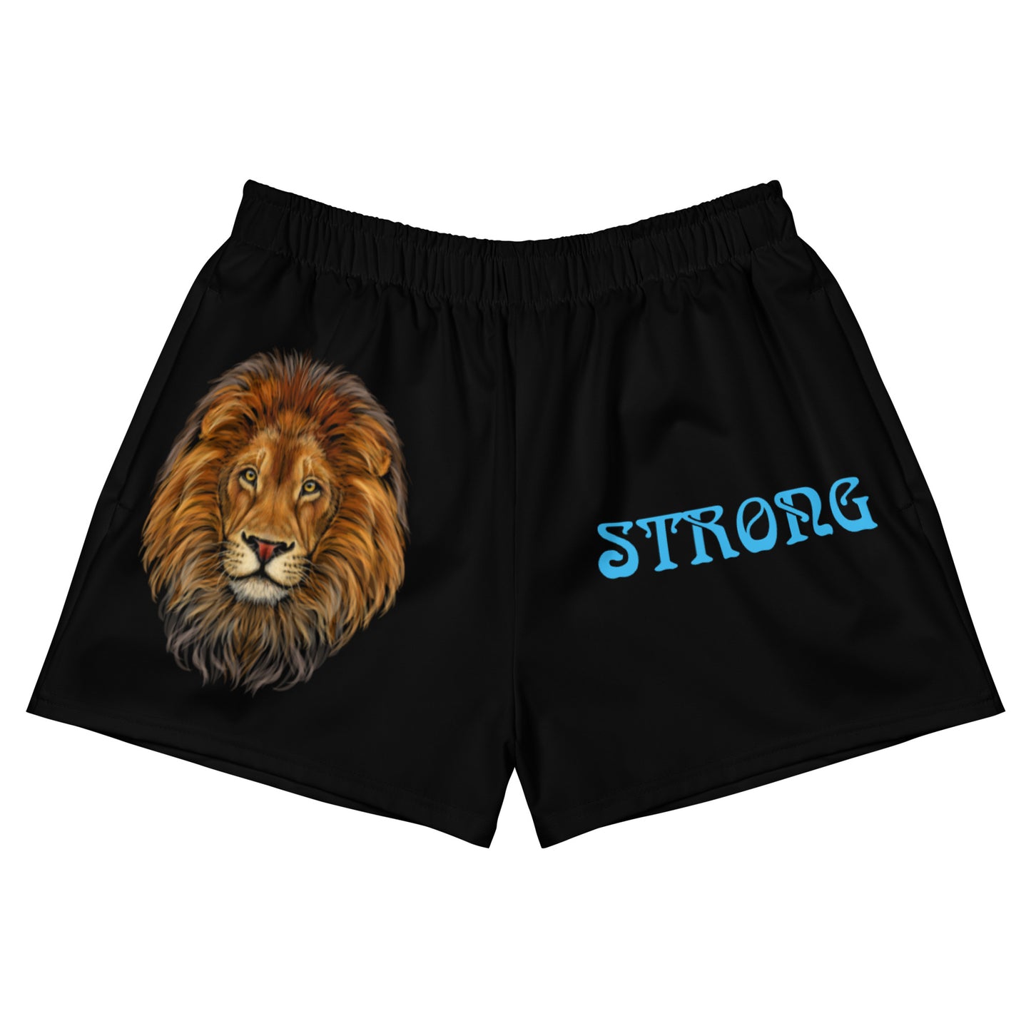 “STRONG” Black Women’s Athletic Shorts W/SkyBlue Font