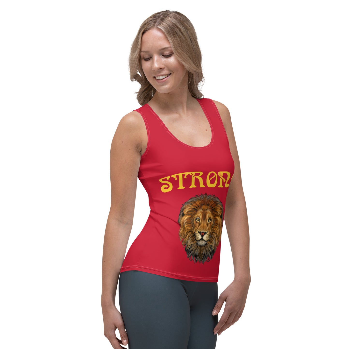 “STRONG”Red Sublimation Cut & Sew Tank Top W/Yellow Font