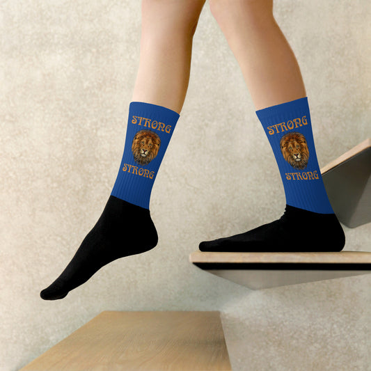 “STRONG”Blue Socks W/Bronze Font