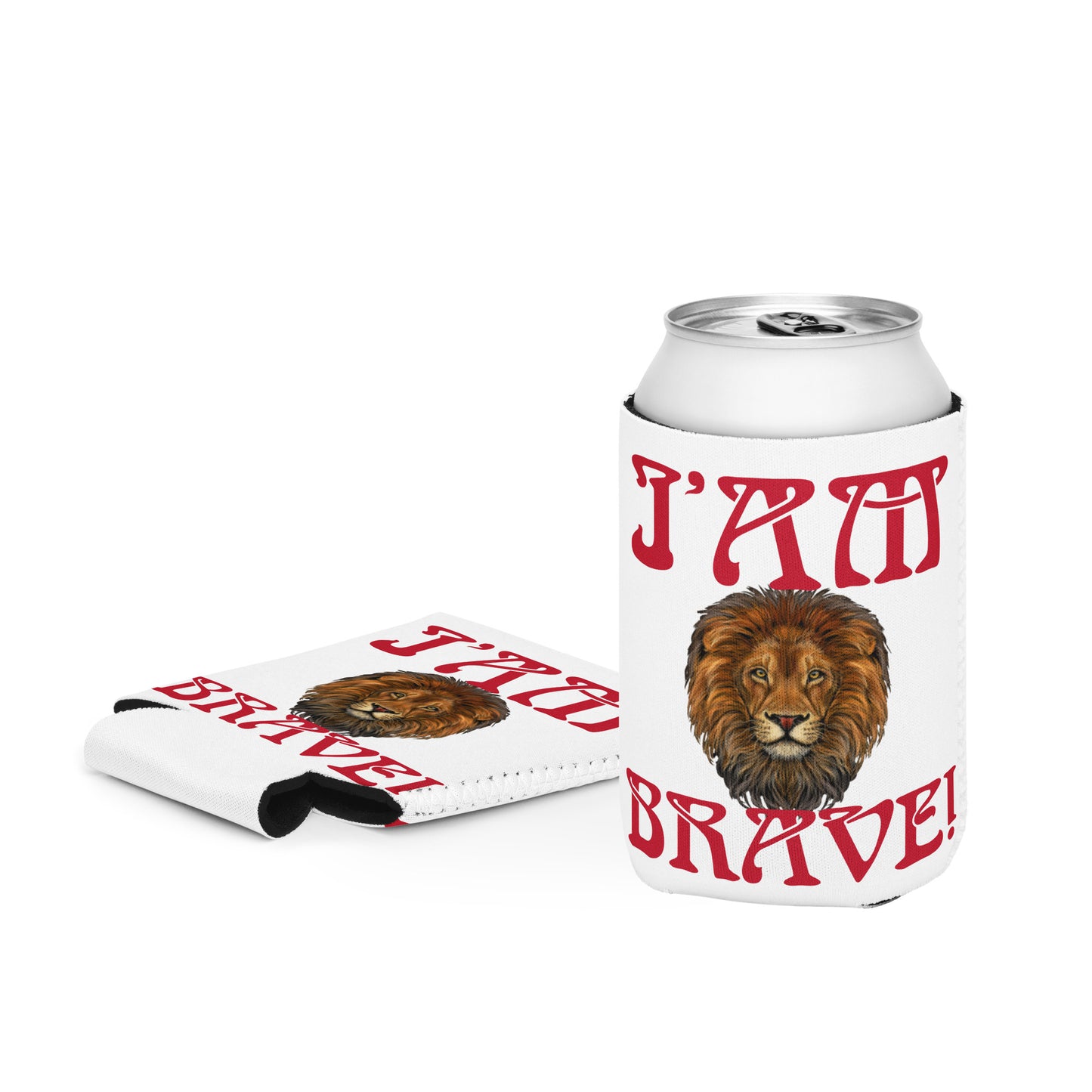 “I’AM BRAVE!” White Can Cooler W/Red Font