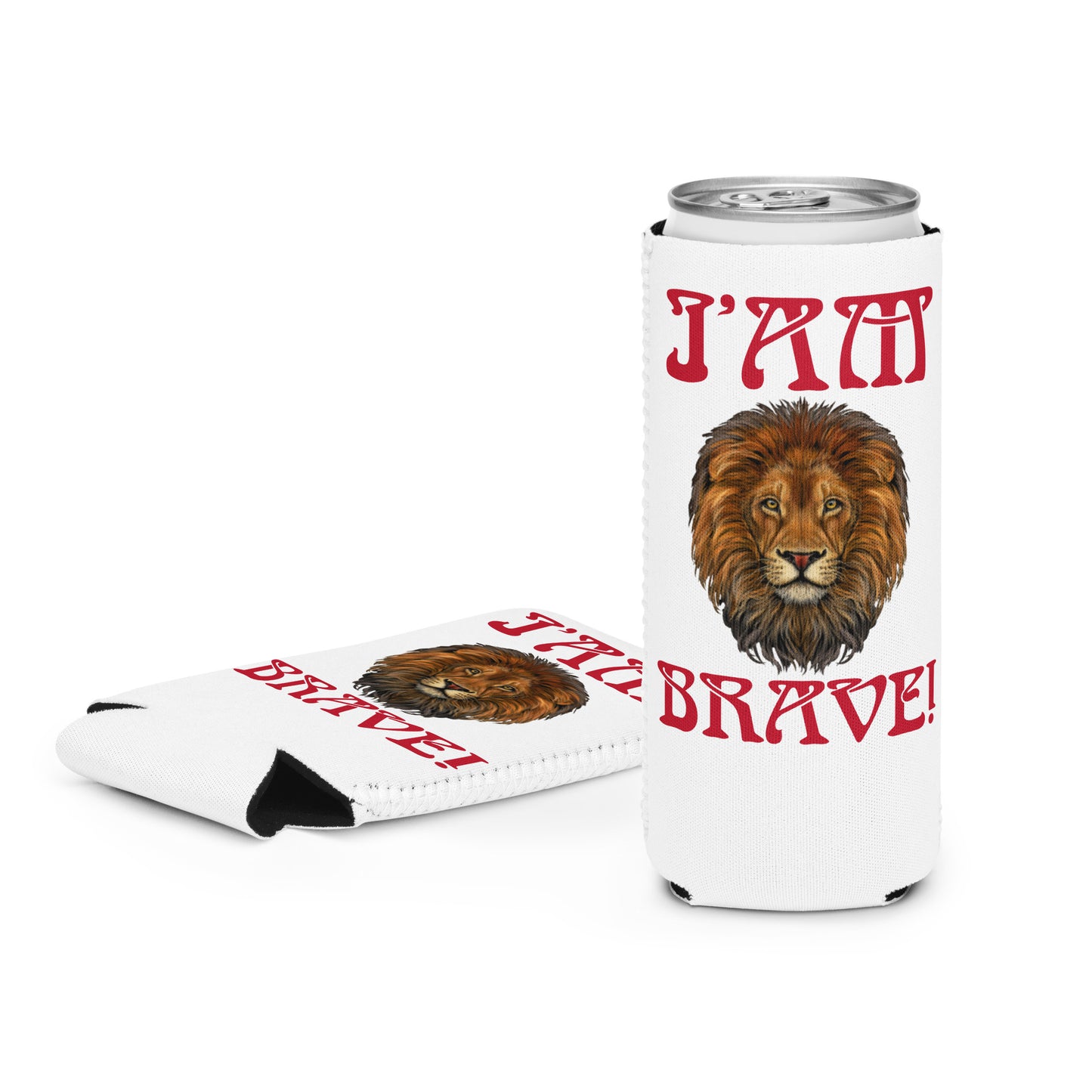 “I’AM BRAVE!” White Can Cooler W/Red Font