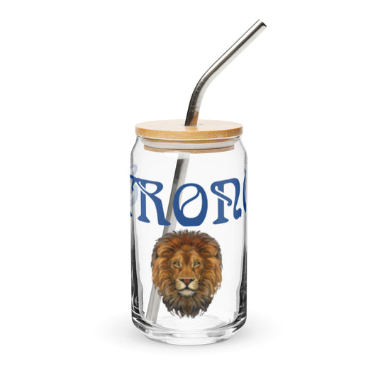 “STRONG” Can-Shaped Glass W/Blue Font