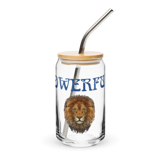 “POWERFUL”Can-Shaped Glass W/Blue Font