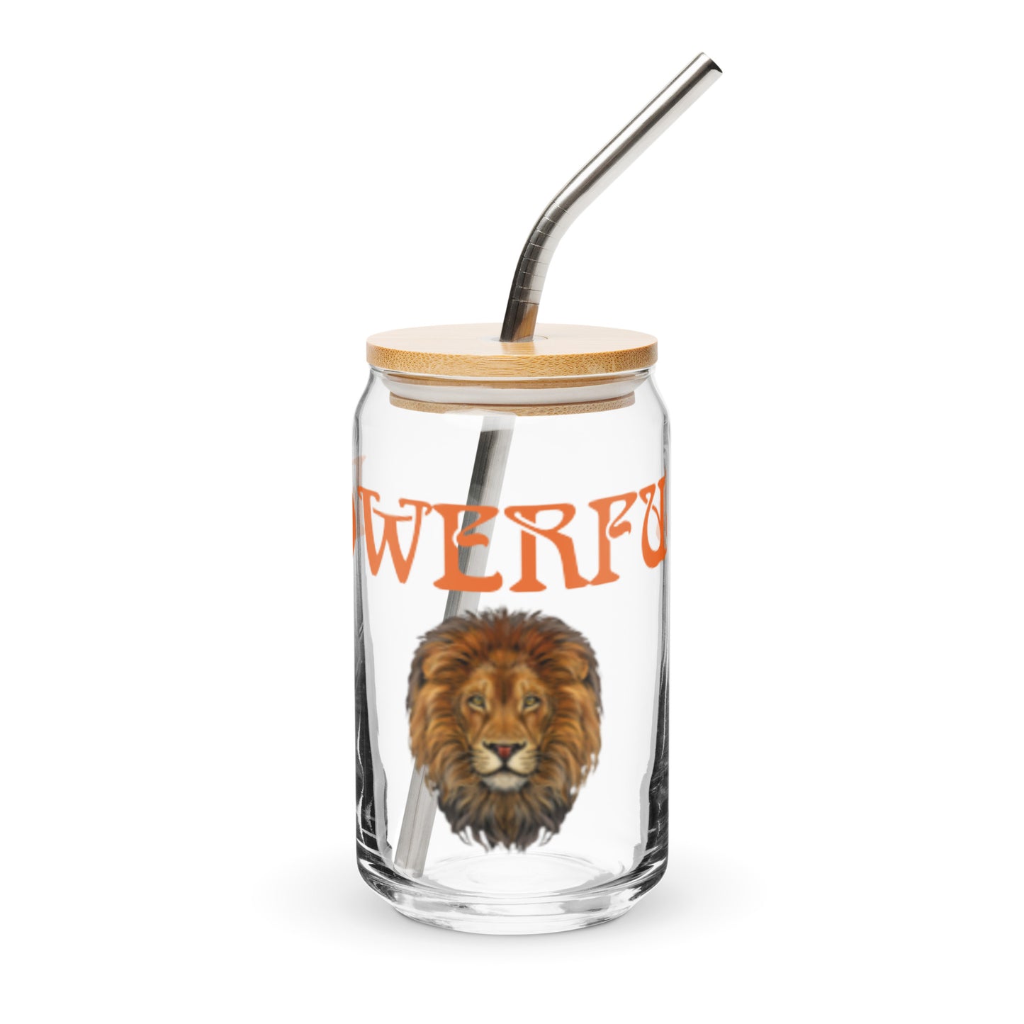 “POWERFUL”Can-Shaped Glass W/Orange Font