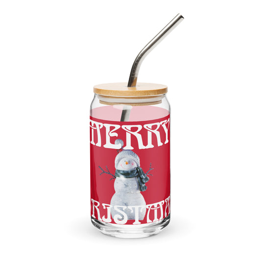 “MERRY CHRISTMAS SNOWMAN!”Red Can-Shaped Glass W/White Font