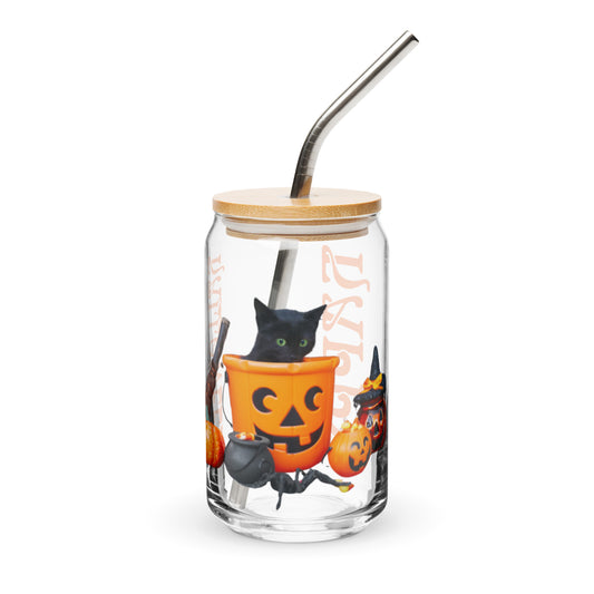 “HAPPY HALLOWEEN!”Can-Shaped Glass W/Black Kitten/Orange Font