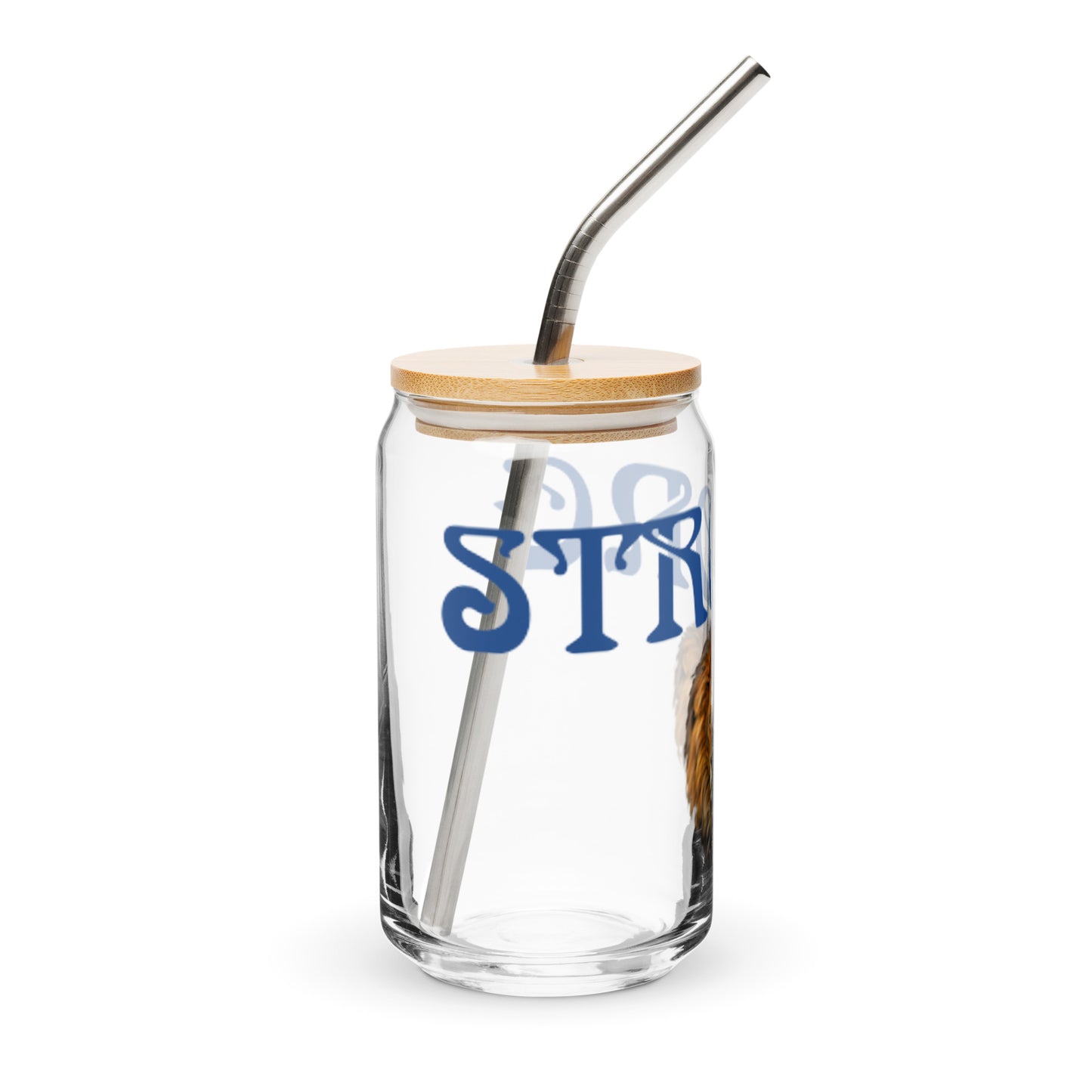 “STRONG” Can-Shaped Glass W/Blue Font