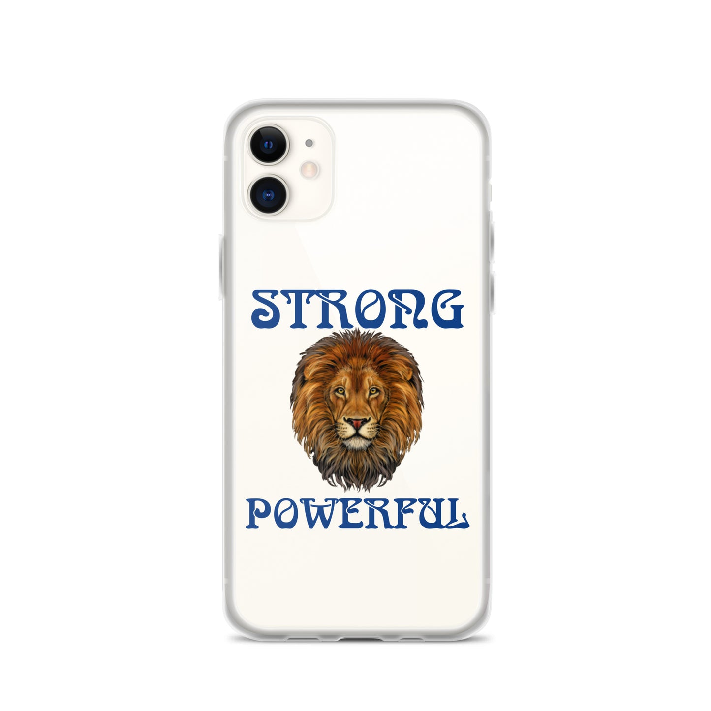 “STRONG,POWERFUL”Clear Case for iPhone® W/Blue Font