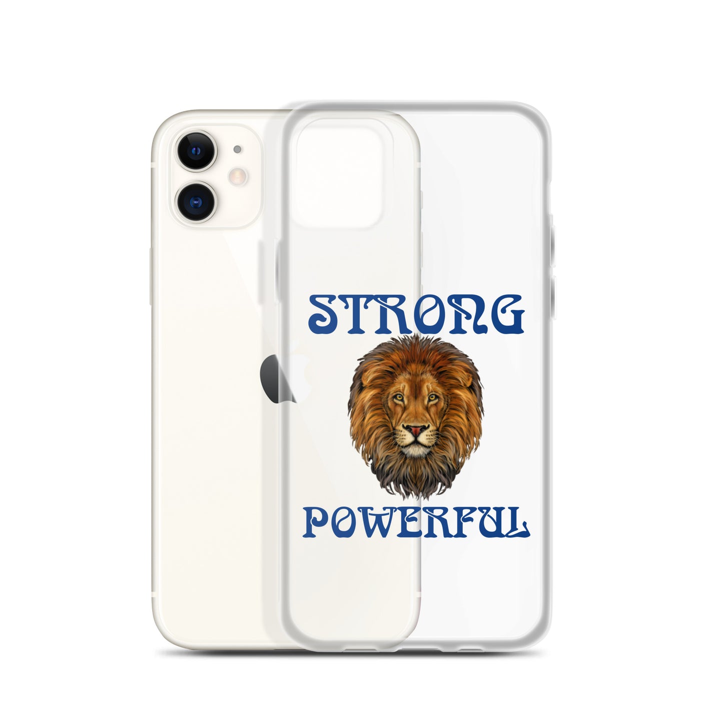 “STRONG,POWERFUL”Clear Case for iPhone® W/Blue Font