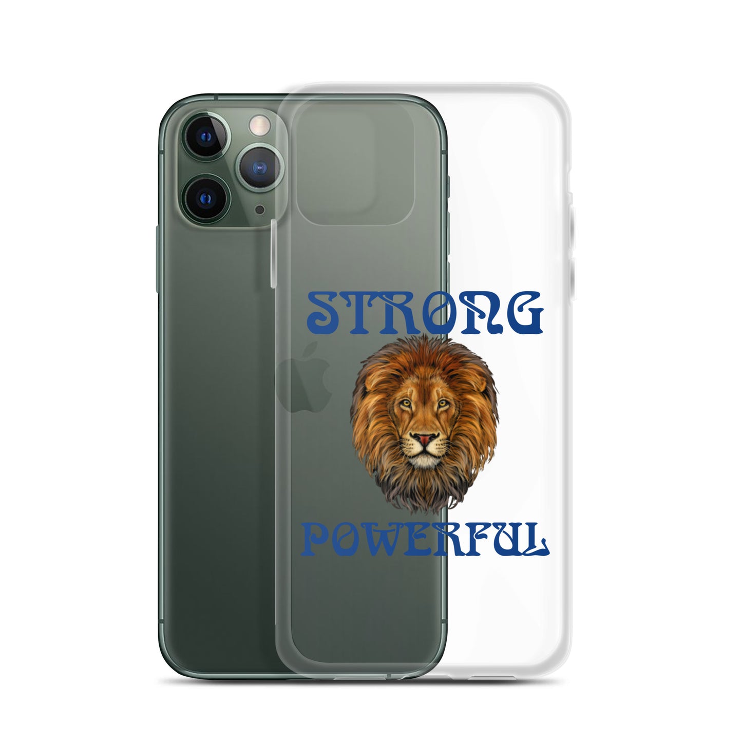 “STRONG,POWERFUL”Clear Case for iPhone® W/Blue Font