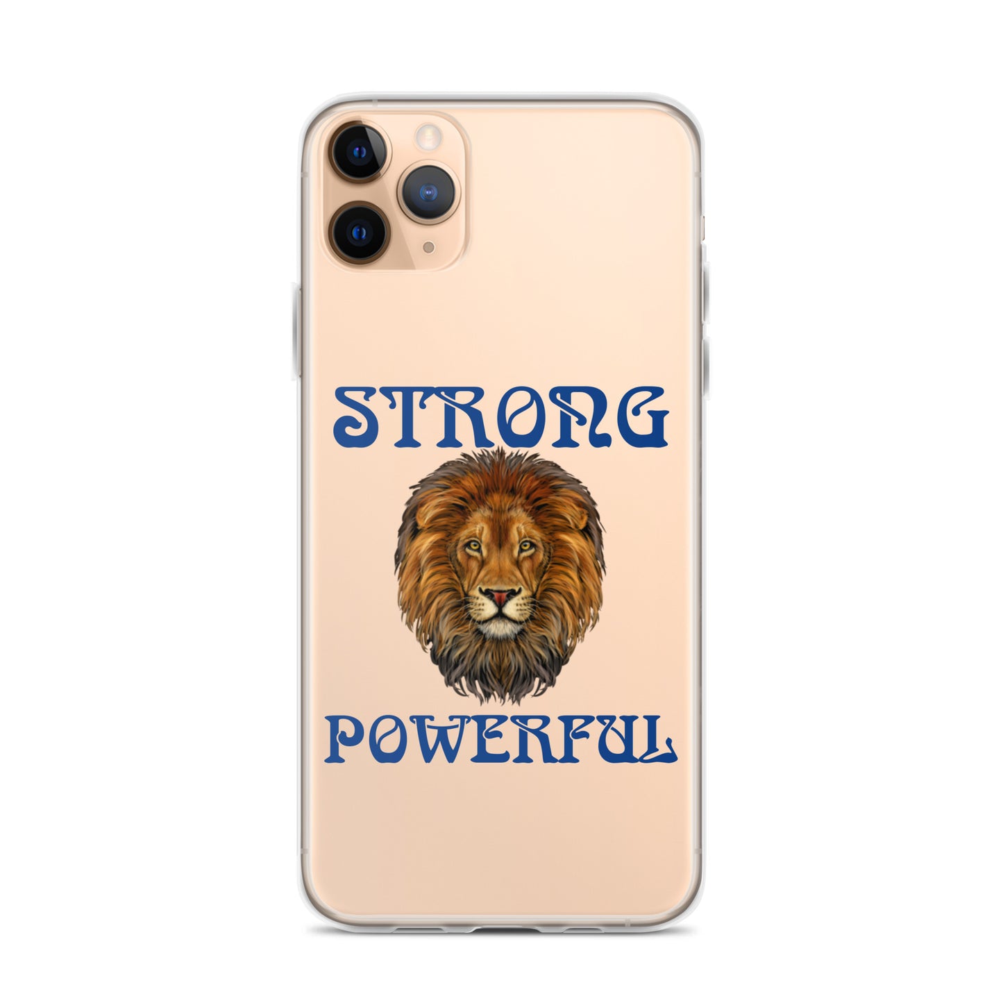 “STRONG,POWERFUL”Clear Case for iPhone® W/Blue Font