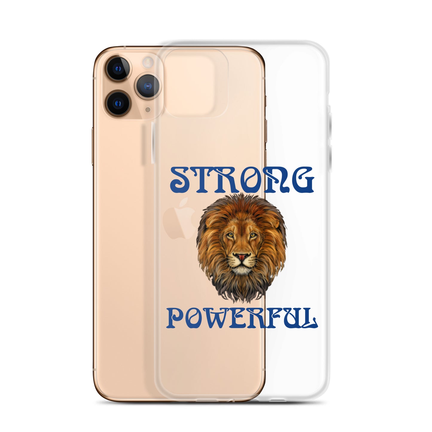 “STRONG,POWERFUL”Clear Case for iPhone® W/Blue Font