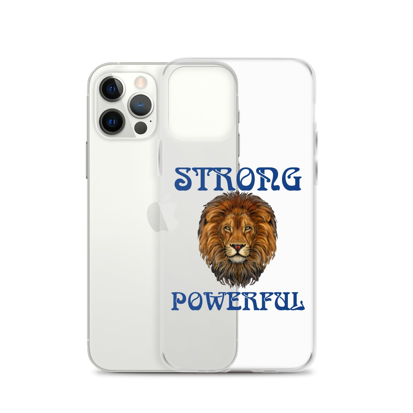 “STRONG,POWERFUL”Clear Case for iPhone® W/Blue Font