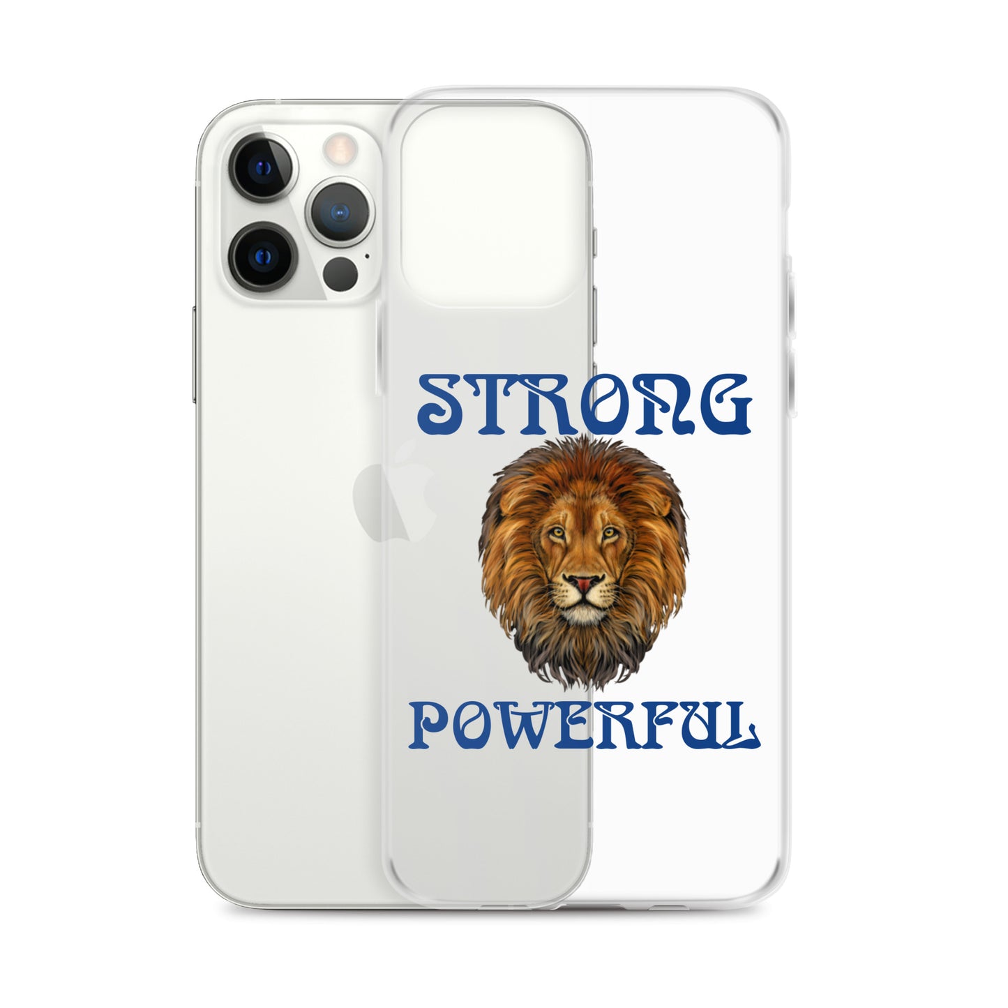 “STRONG,POWERFUL”Clear Case for iPhone® W/Blue Font