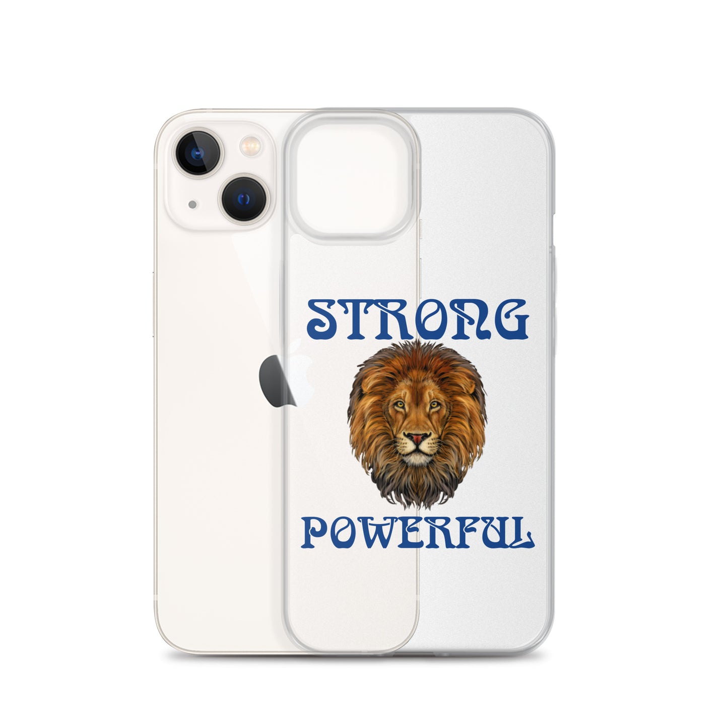 “STRONG,POWERFUL”Clear Case for iPhone® W/Blue Font