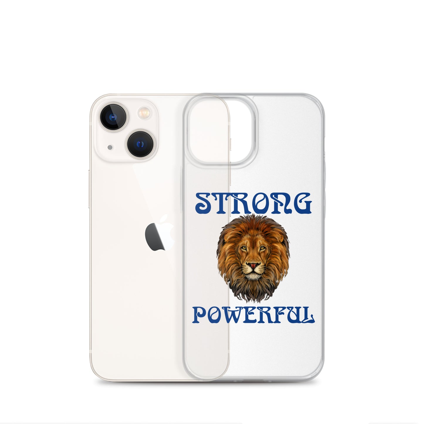 “STRONG,POWERFUL”Clear Case for iPhone® W/Blue Font