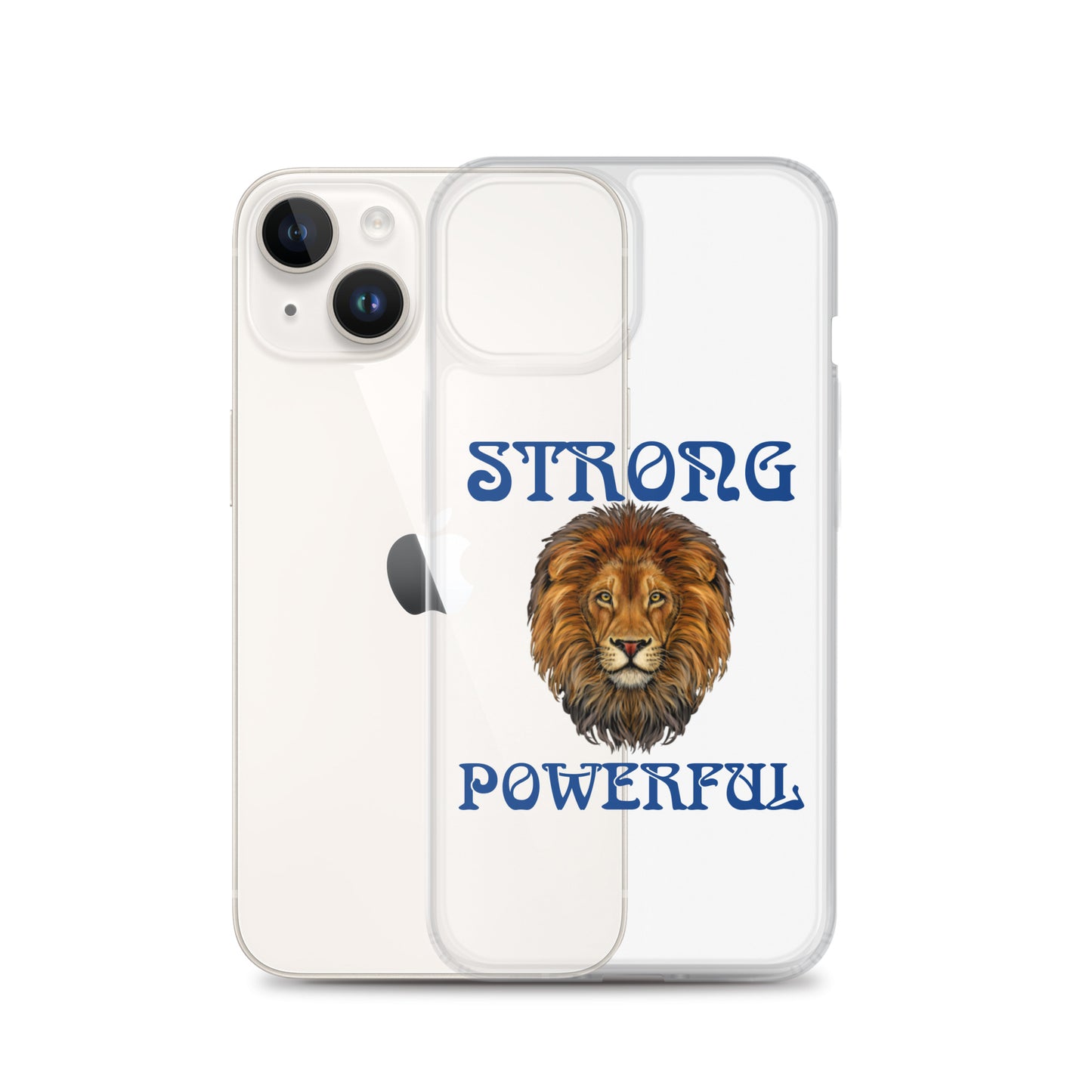 “STRONG,POWERFUL”Clear Case for iPhone® W/Blue Font