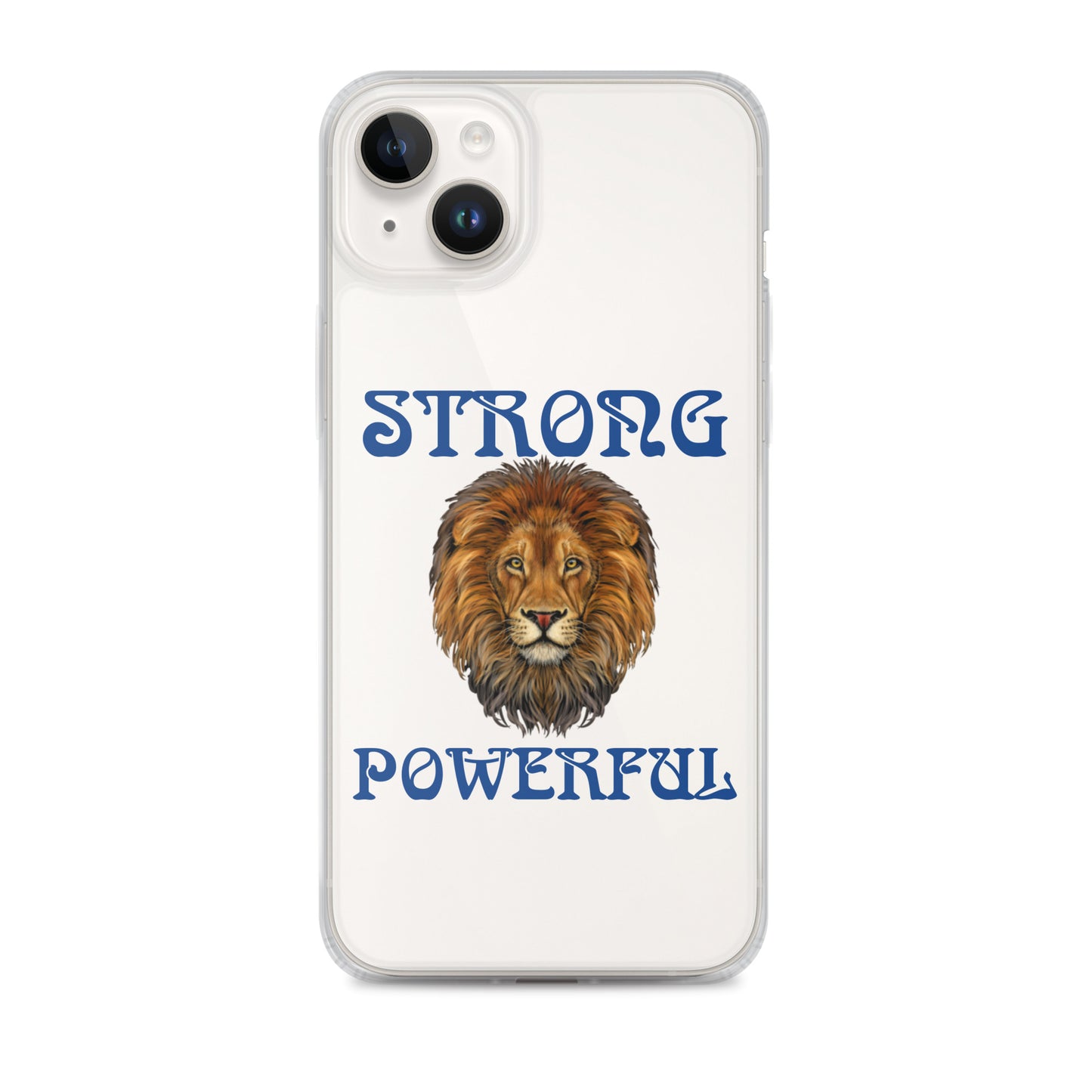 “STRONG,POWERFUL”Clear Case for iPhone® W/Blue Font