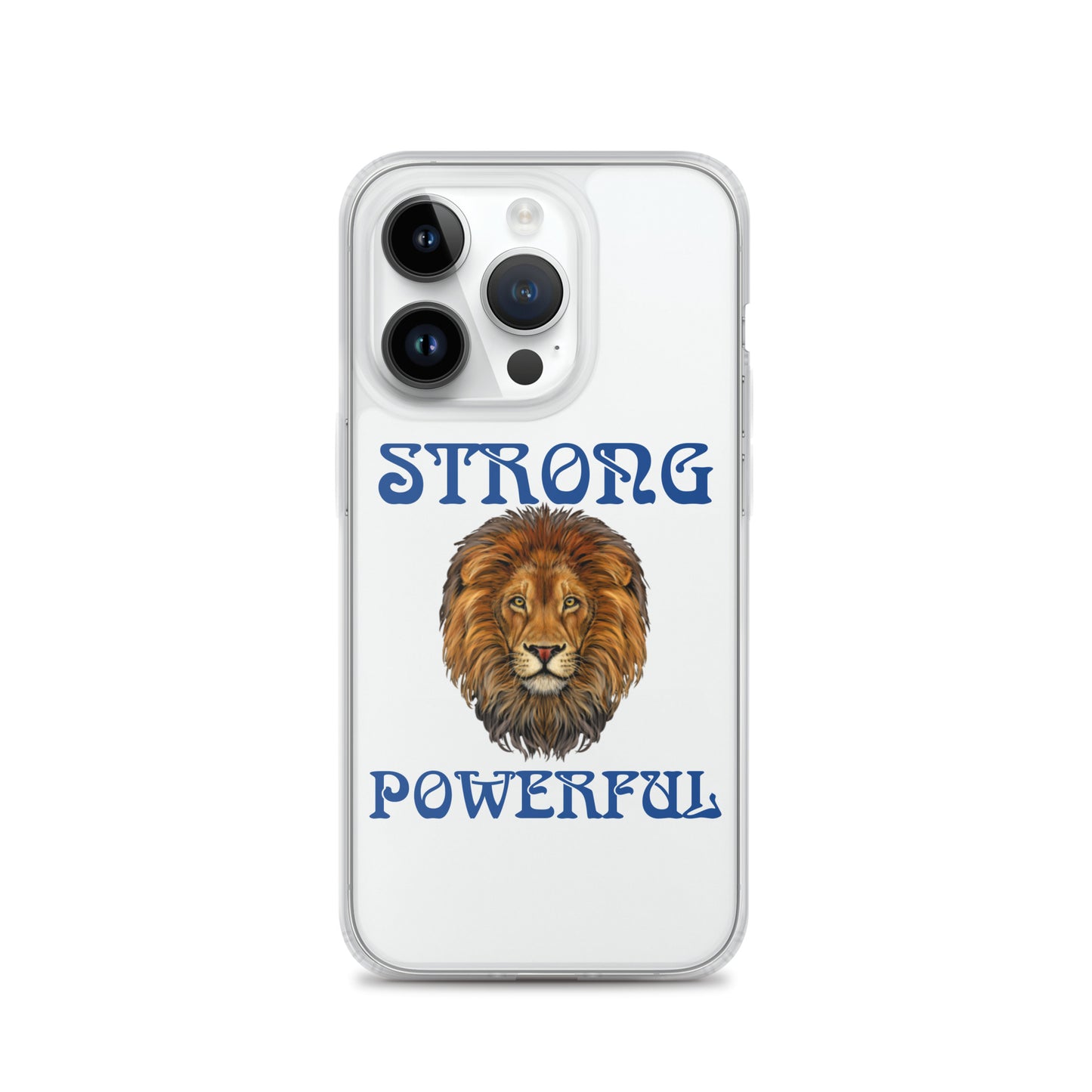 “STRONG,POWERFUL”Clear Case for iPhone® W/Blue Font