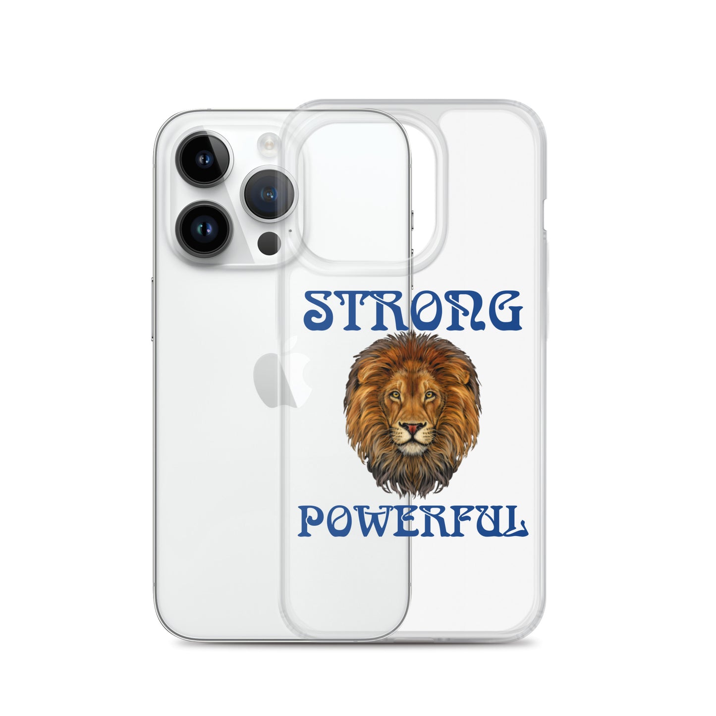 “STRONG,POWERFUL”Clear Case for iPhone® W/Blue Font